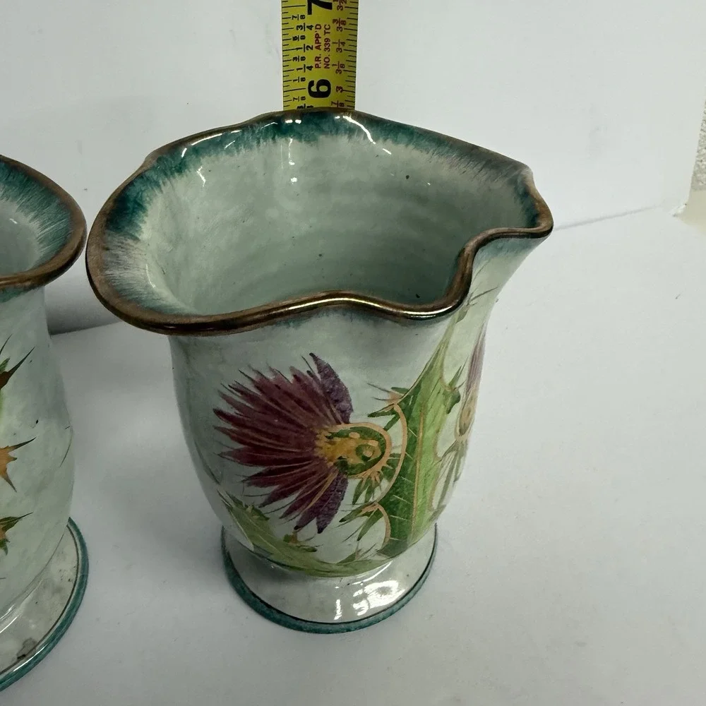 Set Of Italian Vases Hand Painted Thistle Aqua Purple Green‎ w/Gold Trim Ruffle
